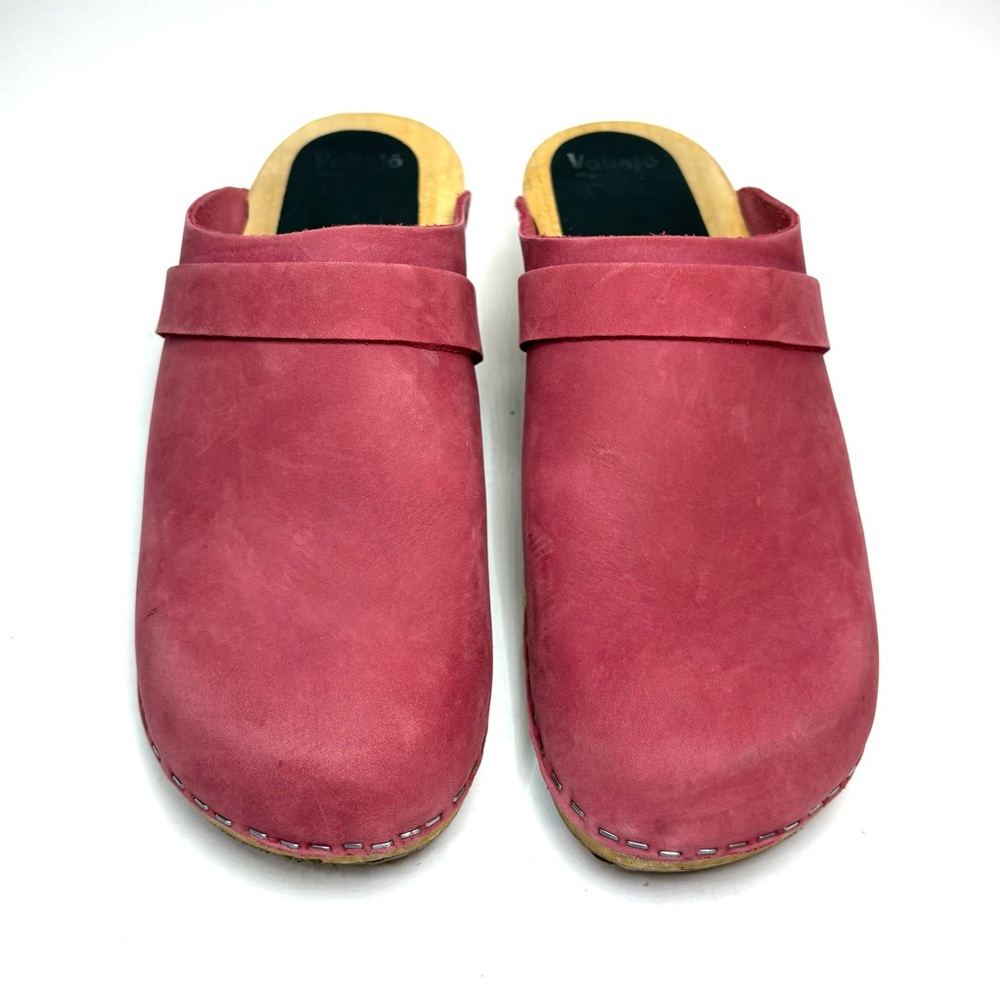 Women's Pink Suede Wooden Clog Mules - Picture 2 of 8